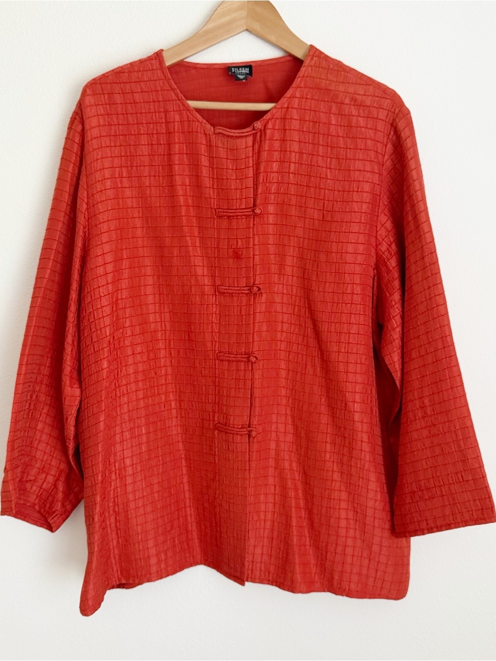 Eileen Fisher Woman 1X Orange Textured Silk Mandarin Frog Button Blouse Top